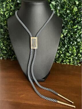 Vintage Western Bolo Tie Brass Initial J Braided Cord Cowboy